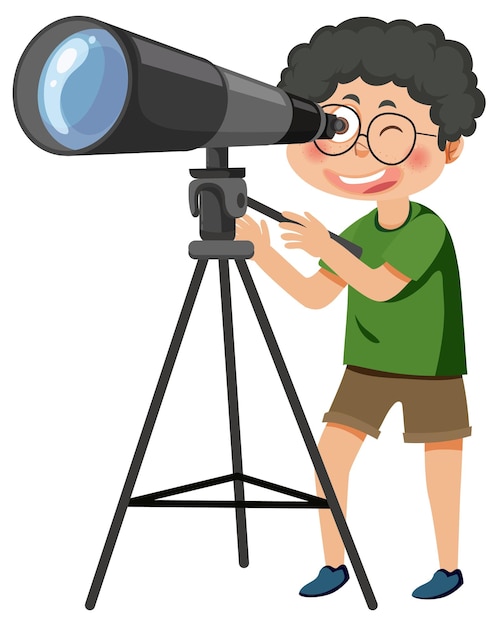 Een jongen die door een telescoop kijkt
