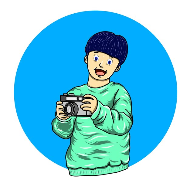 Vector een jongen die een camera vasthoudt om de hobby van fotograafkinderen te illustreren