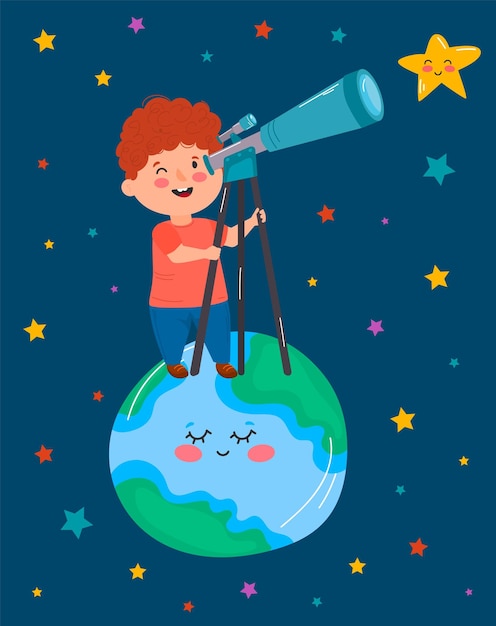 Een jongen die 's nachts door een telescoop kijkt Vectorillustratie