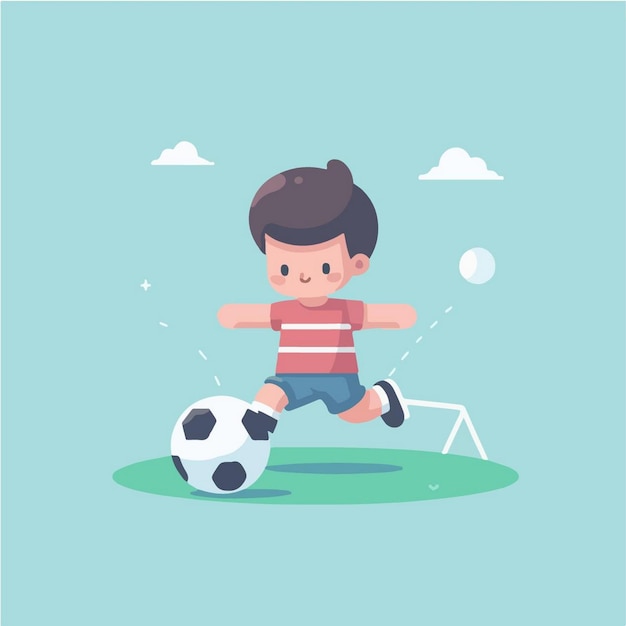 een jongen die voetbal speelt met een voetbal en een blauwe achtergrond met wolken