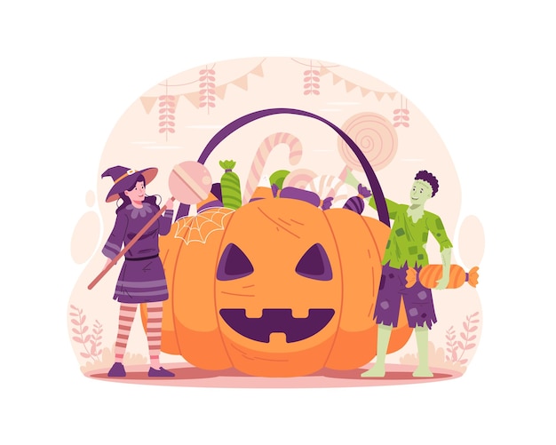 Een jongen en een meisje gekleed in kostuums met een enorme Halloween-pompoenmand vol snoepjes