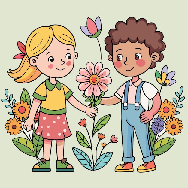 Vector een jongen en een meisje houden bloemen vast en een meisje houdt een bloem vast.