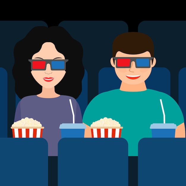 een jongen en een meisje in de bioscoop in 3D-bril met popcorn en drankjes