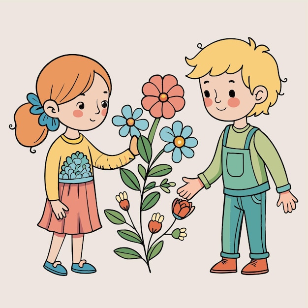 Vector een jongen en een meisje kijken naar een bloem