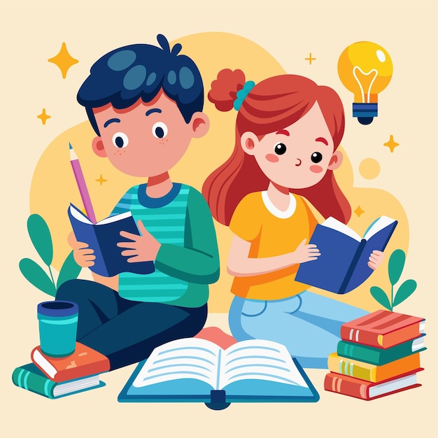 een jongen en een meisje lezen boeken met een meisje dat een boek leest
