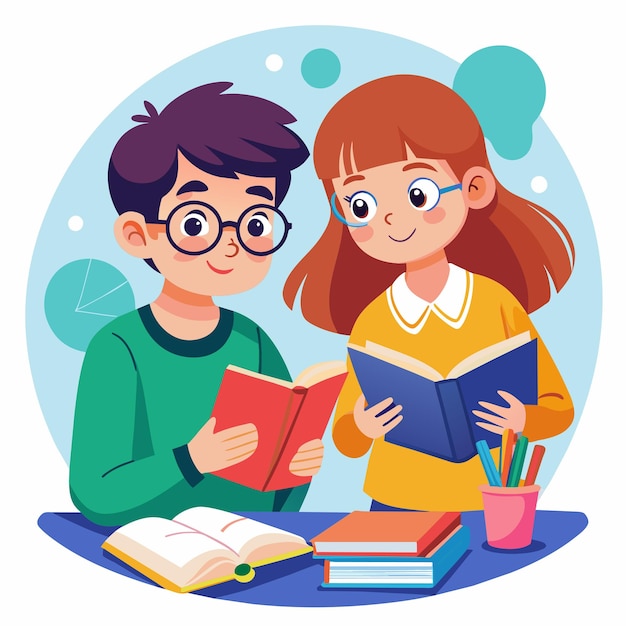 een jongen en een meisje lezen boeken op een tafel