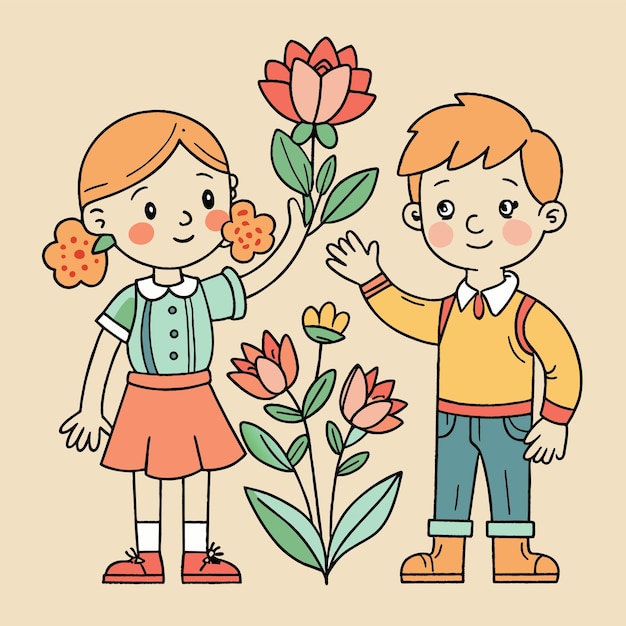 Vector een jongen en een meisje staan naast elkaar en een heeft een bloem in de andere hand