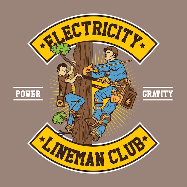 Vector een jongen en lineman hand teken stijl vector illustratie in patch design electricity lineman club