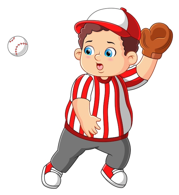 Een jongen gekleed in honkbaluitrusting die een bal vangt