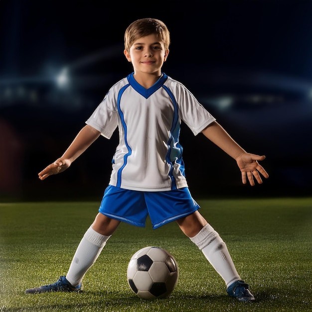 een jongen in een blauw-witte voetbaltrui staat voor een voetbal