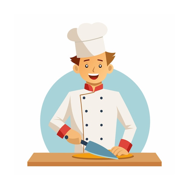 Een jongen in een chefhoed snijdt een mes.