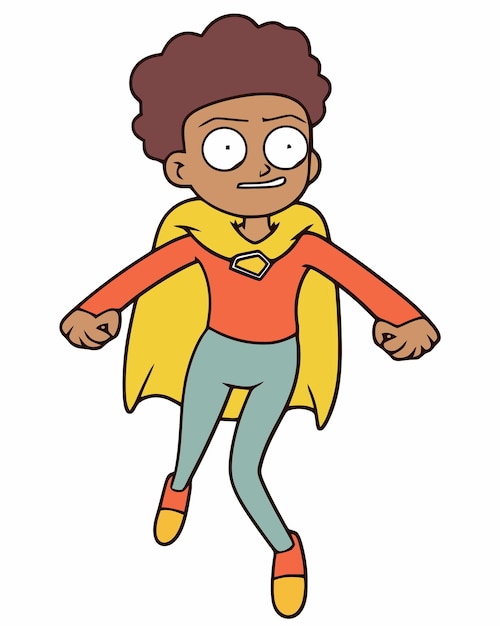 Een jongen in een superheldenkostuum met een cape en een superheld op zijn borst.