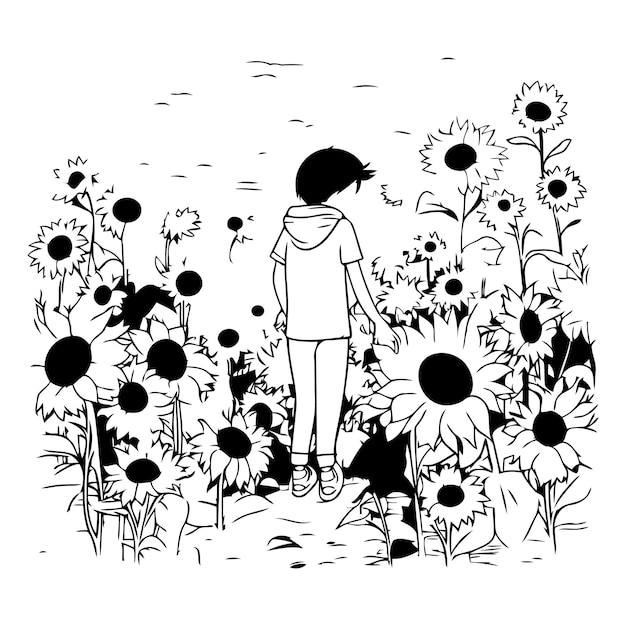 Vector een jongen in een veld van zonnebloemen