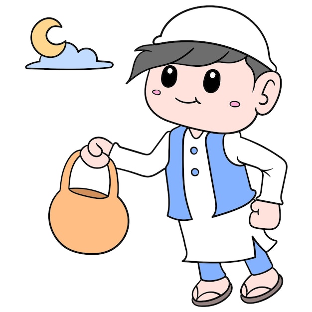 Een jongen kleedde zich in moslim arabisch in de nacht van de maand ramadan, vectorillustratieart. doodle pictogram afbeelding kawaii.