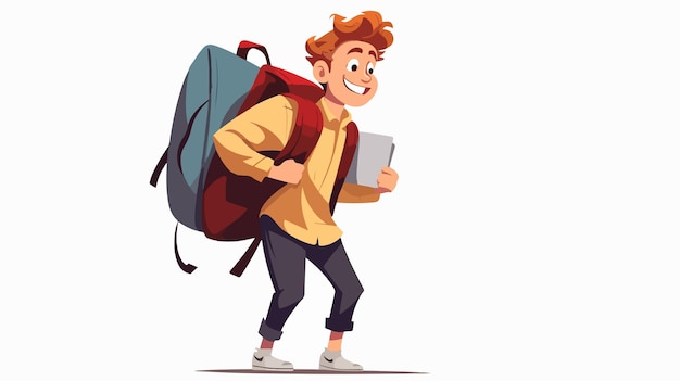een jongen met een rugzak waarop staat "gelukkige jongen"