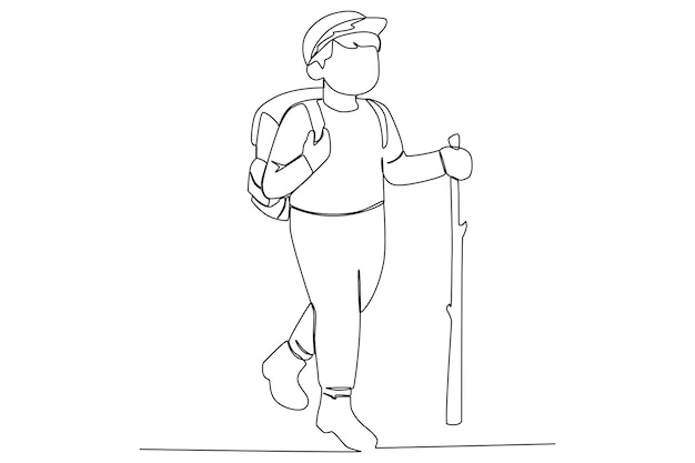 Een jongen met een stok die loopt terwijl hij naar de berg wandelt