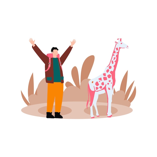 Vector een jongen staat naast een giraf.