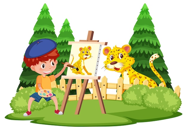 Een jongen tekenen op canvas met tijger