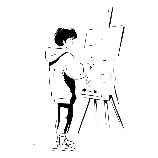 Een jongen tekent een schilderij op het easel.