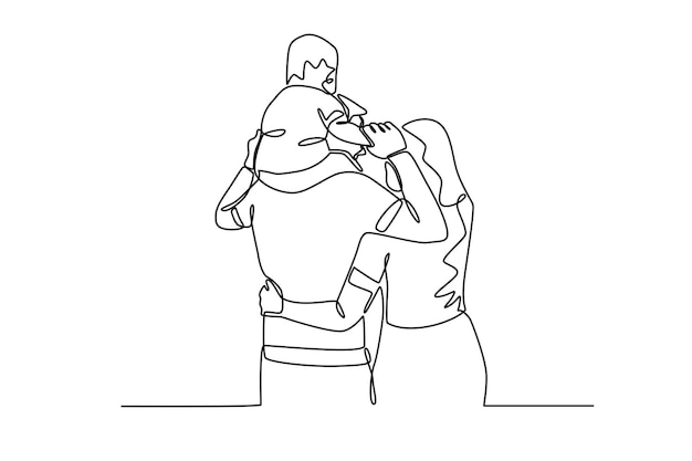 Een jongen wordt gedragen door zijn vader Familielijntekening