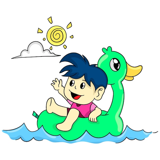 Een jongen zwemt bij zonnig weer. cartoon illustratie leuke sticker