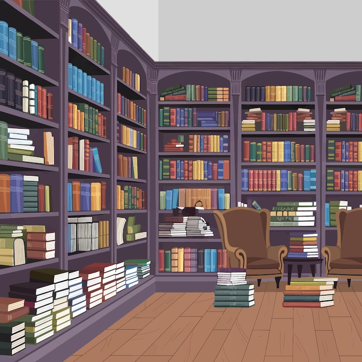 Vector een kamer met een boekenkast vol boeken en een boekenkast met een boekkast in het midden