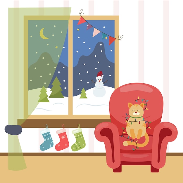 Vector een kamer met een raam en een fauteuil is versierd voor kerstmis. de kat zit in een stoel