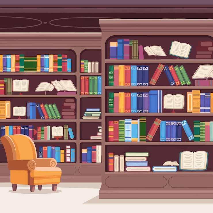 Vector een kamer met een stoel en een boekenkast met een stool erin