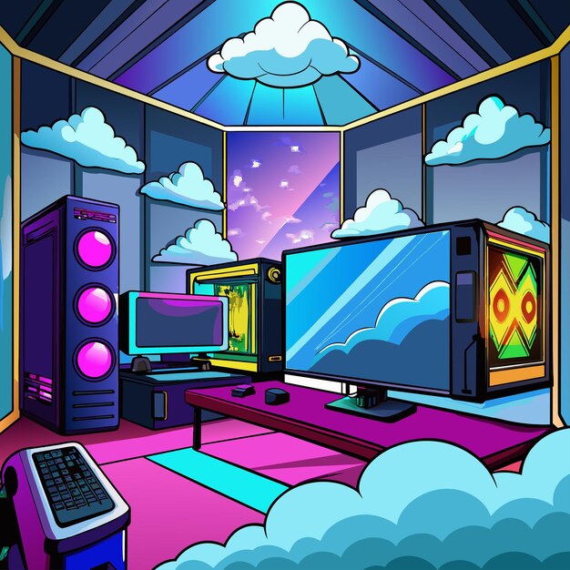 een kamer met een tv en een hemel met wolken en een computermonitor