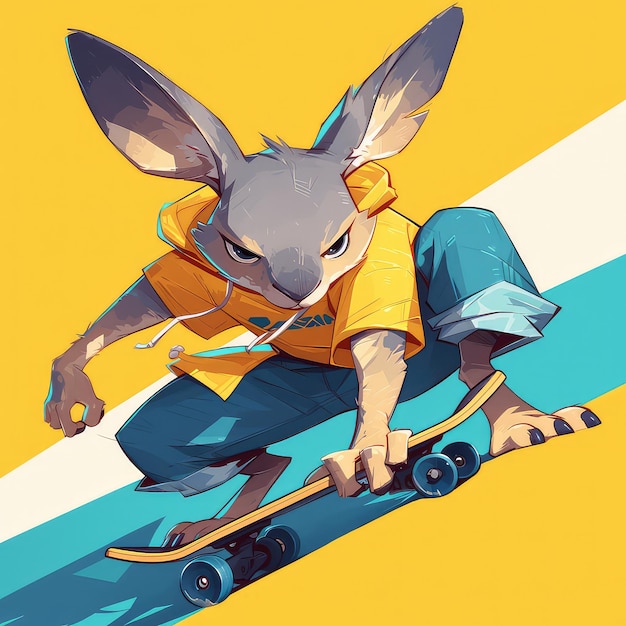 Een kangoeroe op een skateboard in cartoon stijl