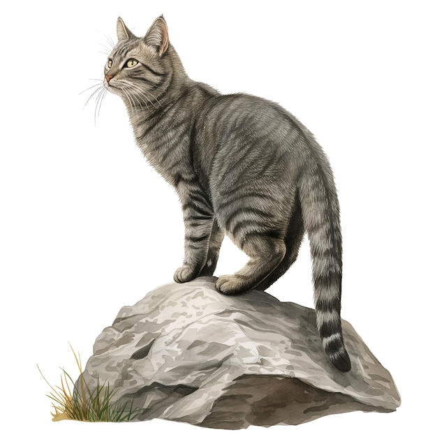 Een kat die op een rots staat.