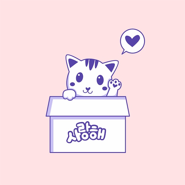 Een kat in een doos met een bericht dat hallo zegt.