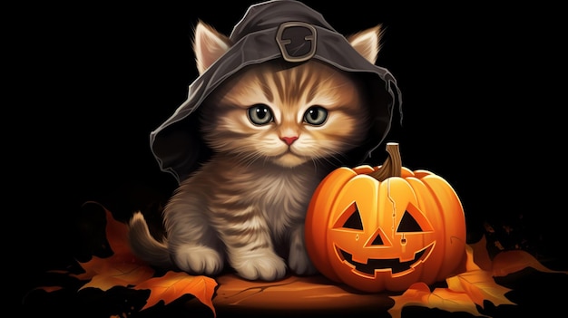 Vector een kat in een halloween kostuum zit naast een pompoen