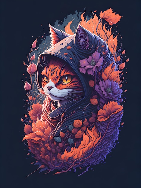 Een kat in een hoodie met bloemen en bladeren.