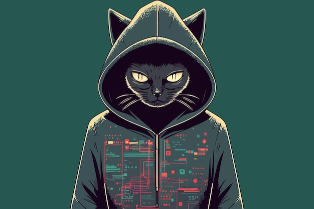 Een kat in een hoodie met een printplaat erop.