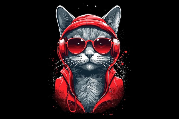 Een kat met een gangsta-masker staat en luistert naar muziek in een donkere bril Vector illustratie