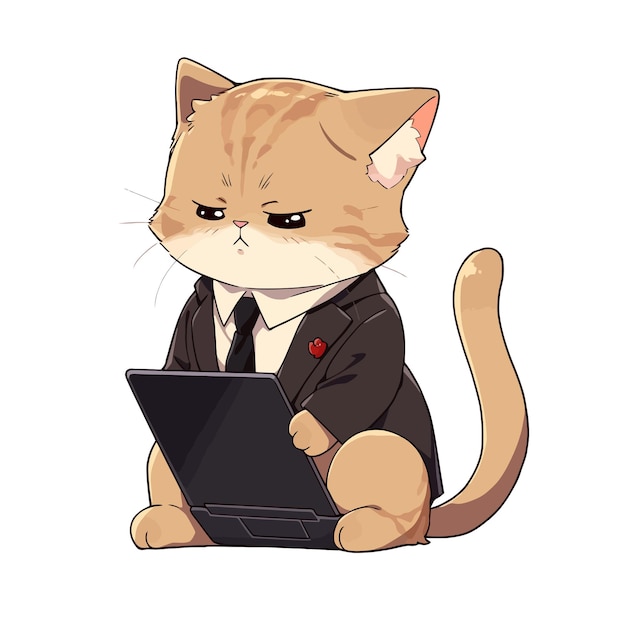 een kat met een pak die op een laptop zit.