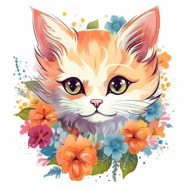 Een kat met groene ogen en een roze neus wordt omringd door bloemen.