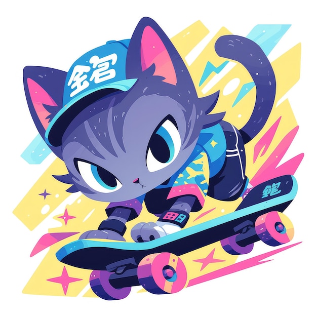 Een kat rijdt op een skateboard in cartoon stijl.