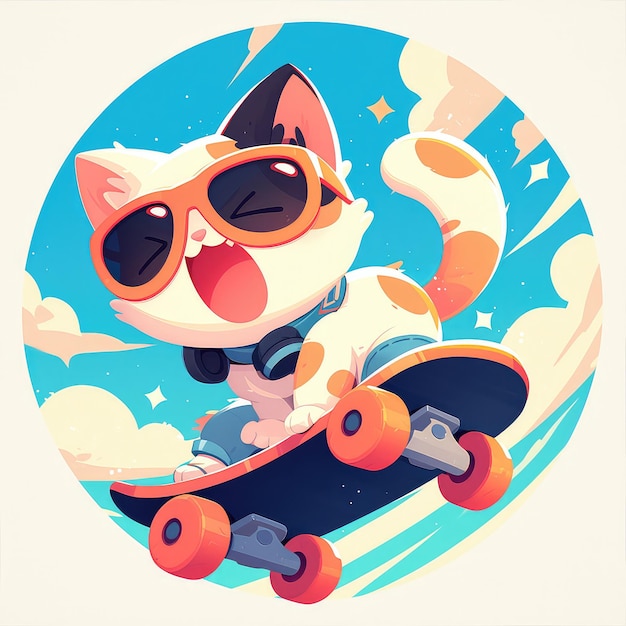 Een kat rijdt op een skateboard in cartoon stijl.