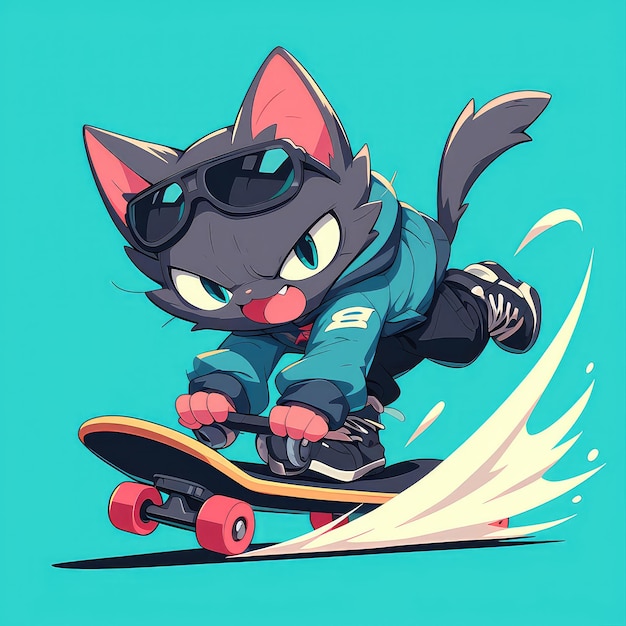 Een kat rijdt op een skateboard in cartoon stijl.