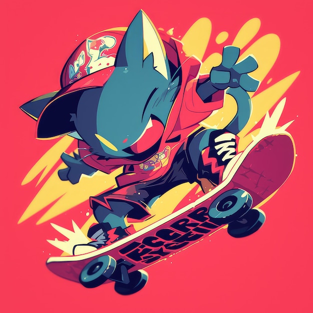 Een kat rijdt op een skateboard in cartoon stijl.