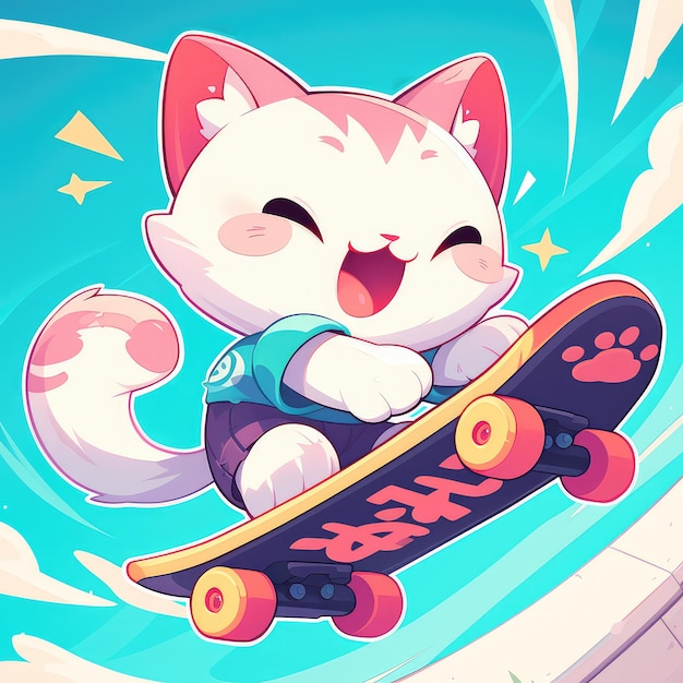 Een kat rijdt op een skateboard in cartoon stijl.