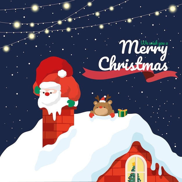 een kerstkaart met de kerstman op het dak van een huis