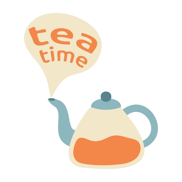 Een ketel met thee laat rook vrij met de tekst Tea time Tea break Illustratie theepot voor ansichtkaart