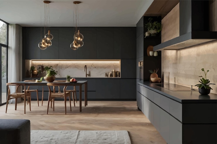 Vector een keuken met een tafel en stoelen en een tafel met stoelen en eene tafel met stolen en een tafel