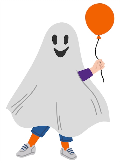 Een kind in een spookkostuum met een Halloween-ballon in vlakke stijl Eng verkleedfeest voor kinderen