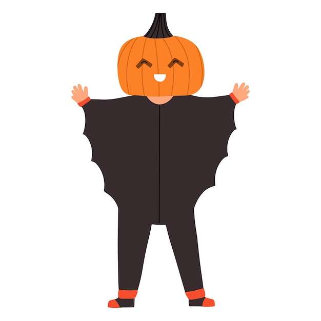 Vector een kind in een vleermuiskostuum met een pompoen op zijn hoofd halloween-karakter geïsoleerde vectorillustratie in vlakke stijl