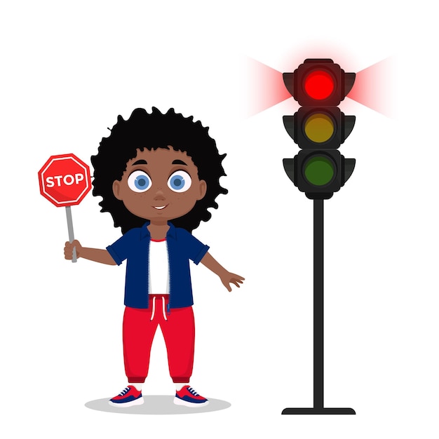 Vector een kind met een verkeersbord. het verkeerslicht geeft een rood sein aan. vector illustratie