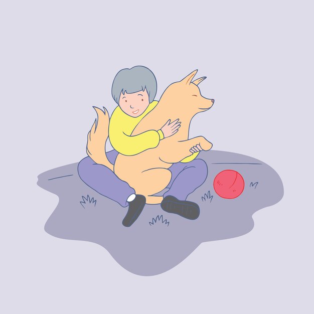 een kind speelt met zijn hond